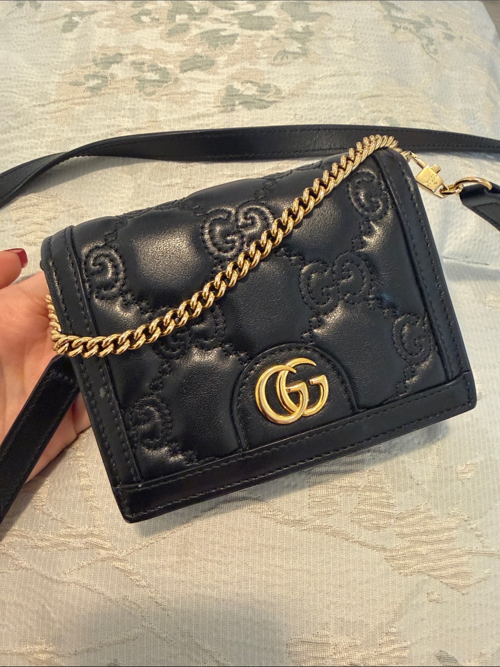 Gucci Black Quilted GG Marmont Crossbody with Gold Chain